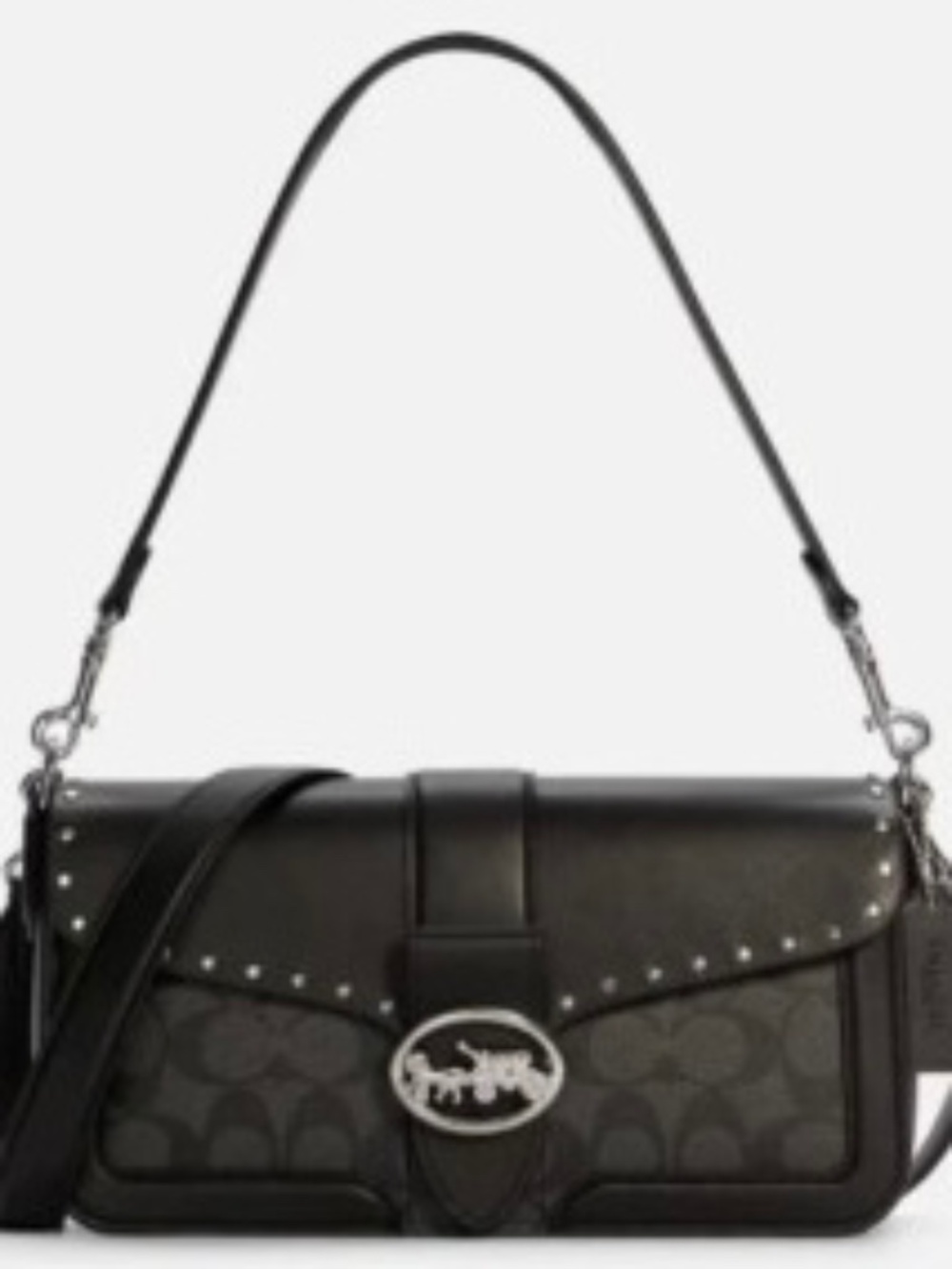COACH George Shoulder Bag C Signature Rivets Black Leather Snap